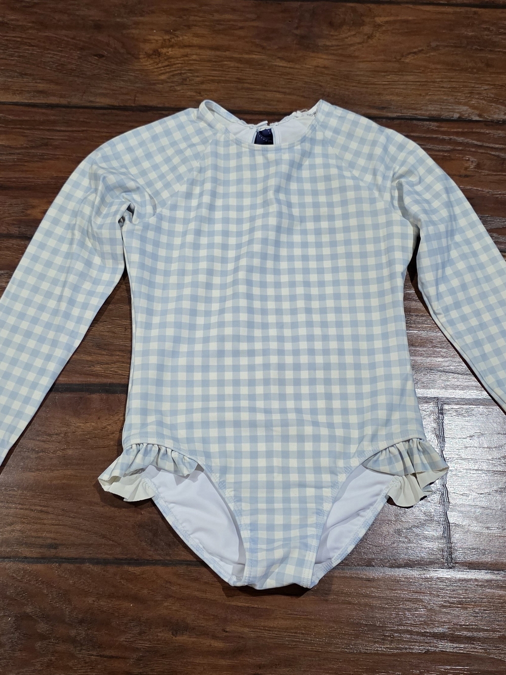 Kids Long-Sleeve One-Piece Swimsuit in Light Blue Gingham